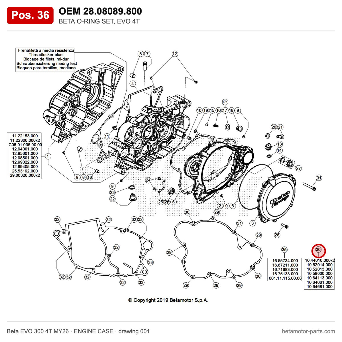 BETA O-RING SET, EVO 4T – OEM 28.08089.800, position 36 on the Beta EVO 300 4T MY26 engine case drawing