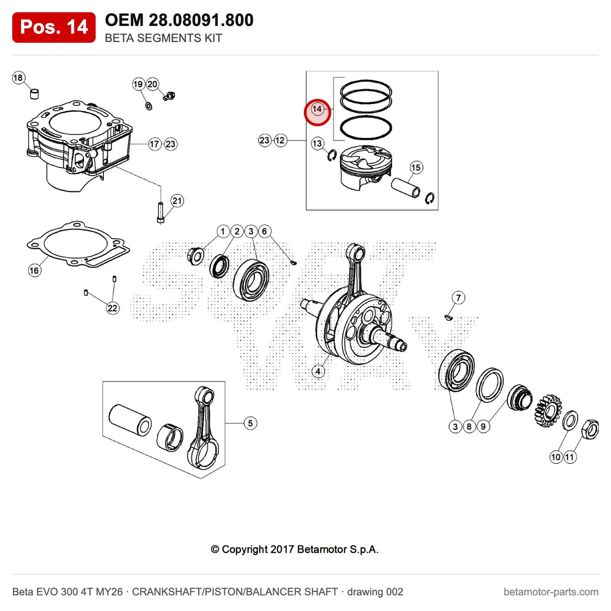 BETA SEGMENTS KIT – OEM 28.08091.800, position 14 on the Beta EVO 300 4T MY26 crankshaft/piston/balancer shaft drawing