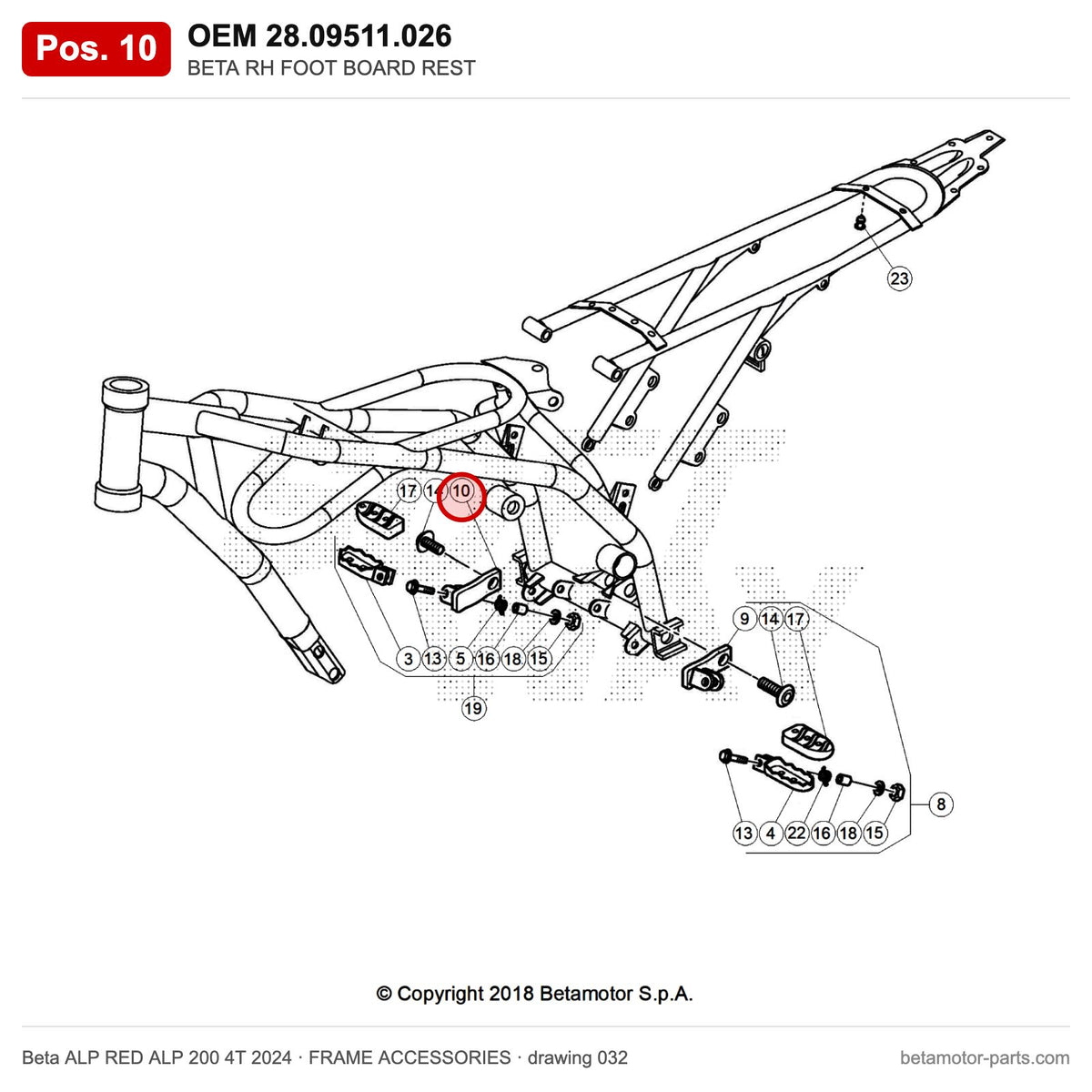 BETA RH FOOT BOARD REST – OEM 28.09511.026, position 10 on the Beta ALP RED ALP 200 4T 2024 frame accessories drawing