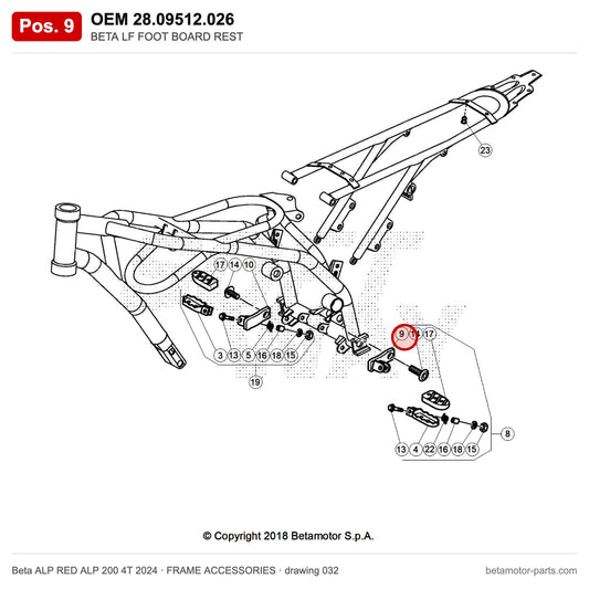BETA LF FOOT BOARD REST – OEM 28.09512.026, position 9 on the Beta ALP RED ALP 200 4T 2024 frame accessories drawing
