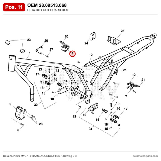BETA RH FOOT BOARD REST – OEM 28.09513.068, position 11 on the Beta ALP 200 MY07 frame accessories drawing