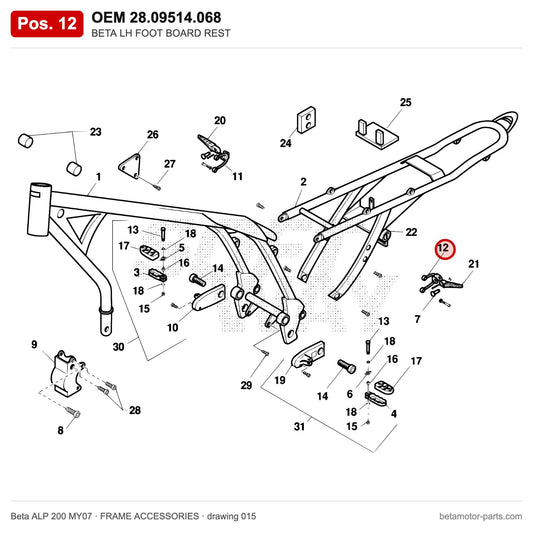 BETA LH FOOT BOARD REST – OEM 28.09514.068, position 12 on the Beta ALP 200 MY07 frame accessories drawing