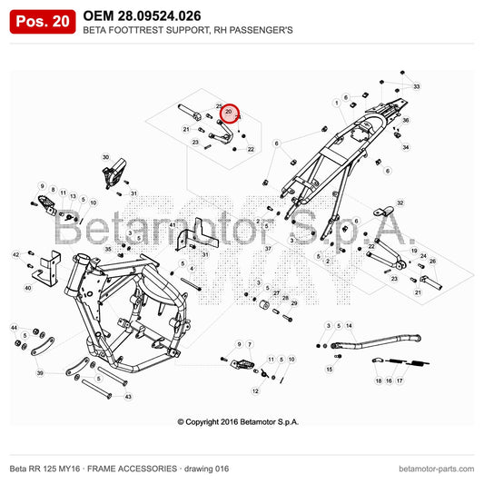 BETA FOOTTREST SUPPORT, RH PASSENGER'S – OEM 28.09524.026, position 20 on the Beta RR 125 MY16 frame accessories drawing