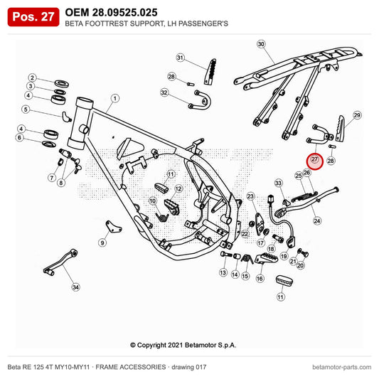 BETA FOOTTREST SUPPORT, LH PASSENGER'S – OEM 28.09525.025, position 27 on the Beta RE 125 4T MY10-MY11 frame accessories drawing