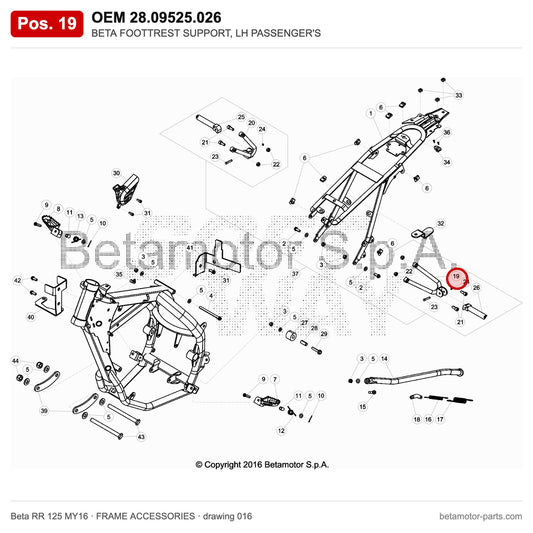 BETA FOOTTREST SUPPORT, LH PASSENGER'S – OEM 28.09525.026, position 19 on the Beta RR 125 MY16 frame accessories drawing