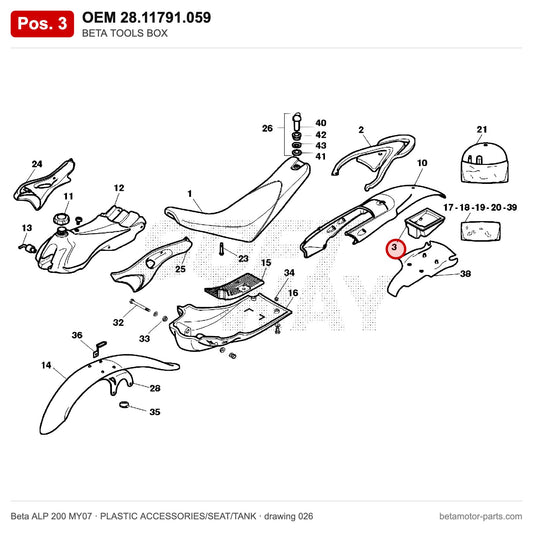 BETA TOOLS BOX – OEM 28.11791.059, position 3 on the Beta ALP 200 MY07 plastic accessories/seat/tank drawing
