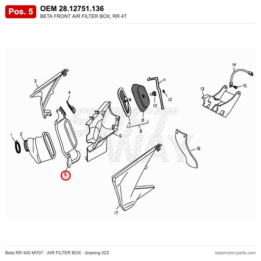 BETA FRONT AIR FILTER BOX, RR 4T – OEM 28.12751.136, position 5 on the Beta RR 400 MY07 air filter box drawing