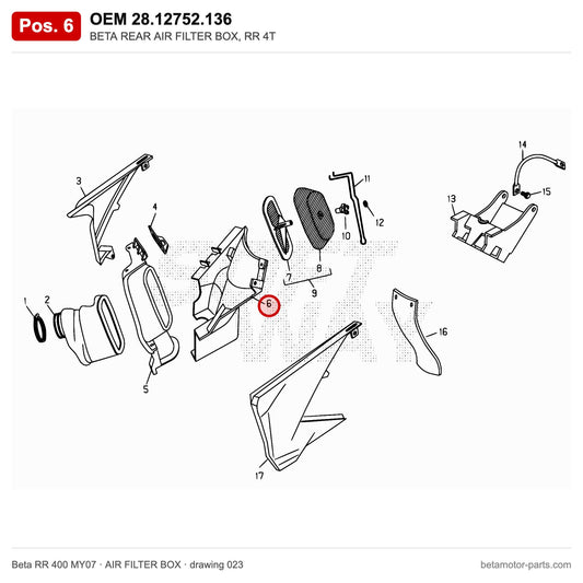 BETA REAR AIR FILTER BOX, RR 4T – OEM 28.12752.136, position 6 on the Beta RR 400 MY07 air filter box drawing