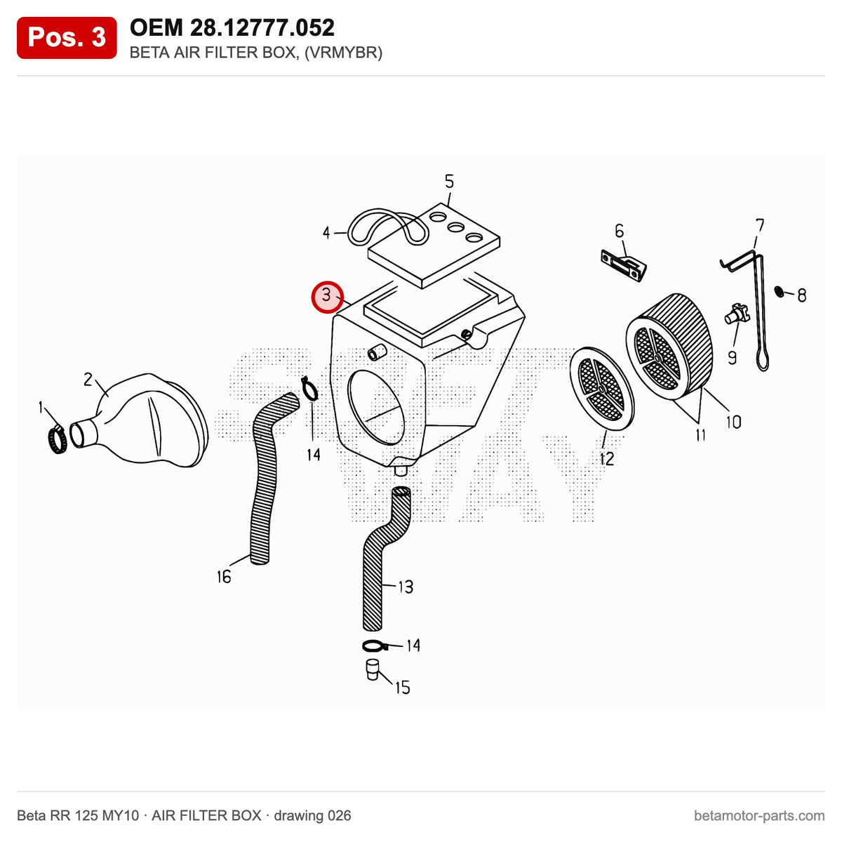 BETA AIR FILTER BOX, (VRMYBR) – OEM 28.12777.052, position 3 on the Beta RR 125 MY10 air filter box drawing