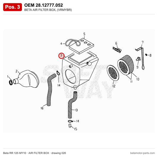 BETA AIR FILTER BOX, (VRMYBR) – OEM 28.12777.052, position 3 on the Beta RR 125 MY10 air filter box drawing