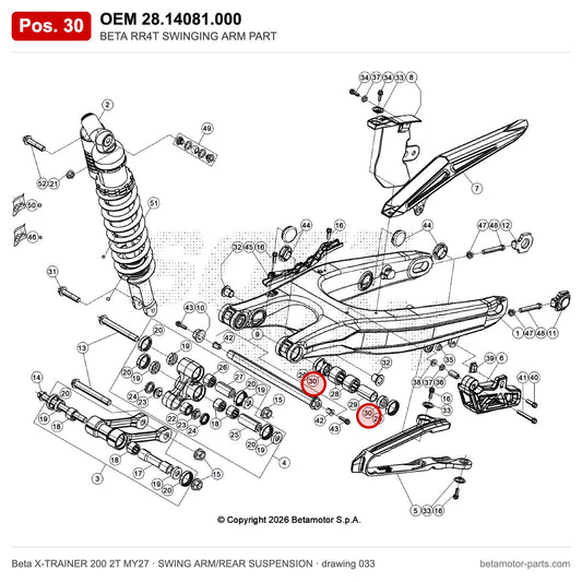 BETA RR4T SWINGING ARM PART – OEM 28.14081.000, position 30 on the Beta X-TRAINER 200 2T MY27 swing arm/rear suspension drawing