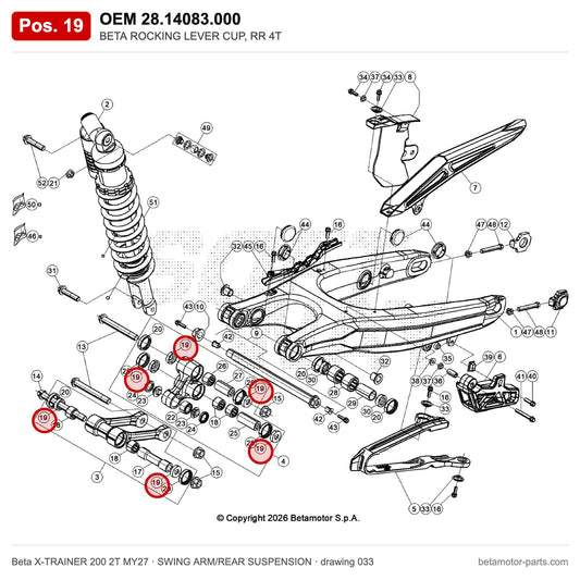 BETA ROCKING LEVER CUP, RR 4T – OEM 28.14083.000, position 19 on the Beta X-TRAINER 200 2T MY27 swing arm/rear suspension drawing
