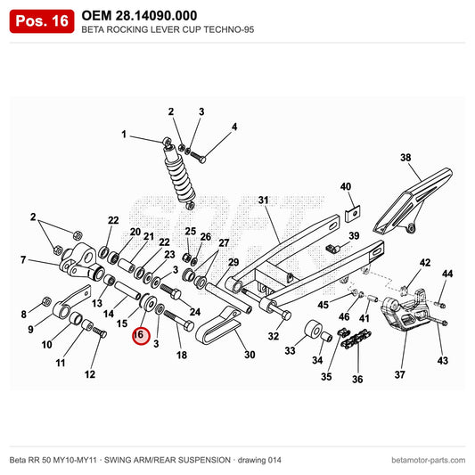 BETA ROCKING LEVER CUP TECHNO-95 – OEM 28.14090.000, position 16 on the Beta RR 50 MY10-MY11 swing arm/rear suspension drawing