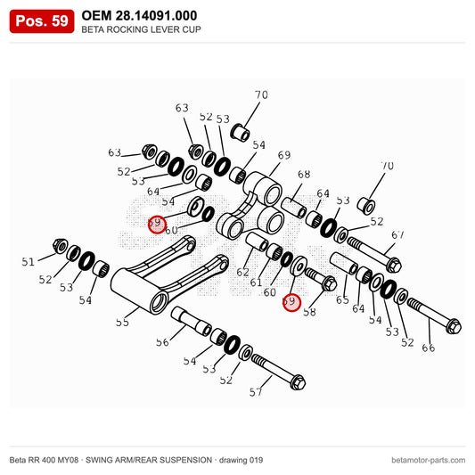 BETA ROCKING LEVER CUP – OEM 28.14091.000, position 59 on the Beta RR 400 MY08 swing arm/rear suspension drawing