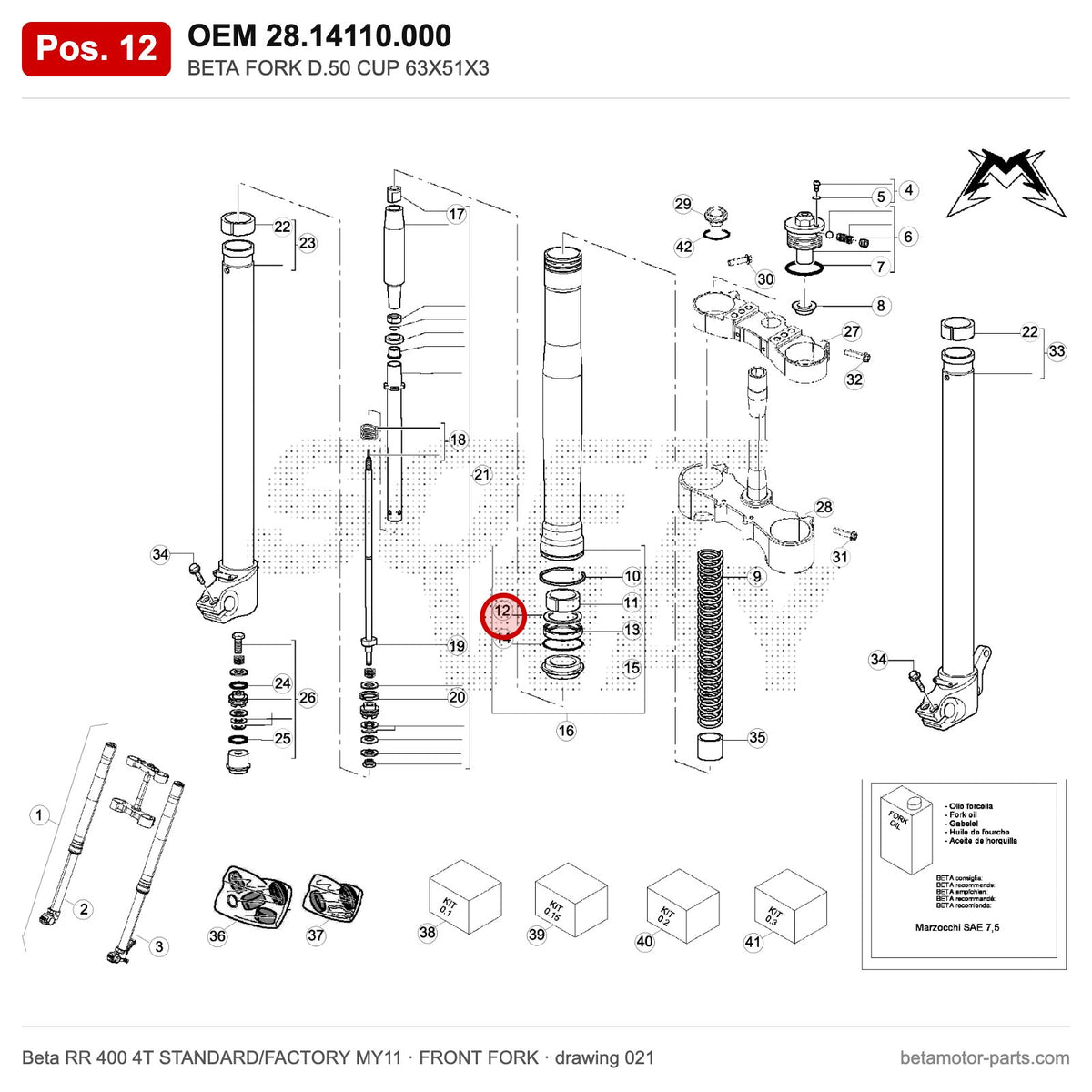 BETA FORK D.50 CUP 63X51X3 – OEM 28.14110.000, position 12 on the Beta RR 400 4T STANDARD/FACTORY MY11 front fork drawing