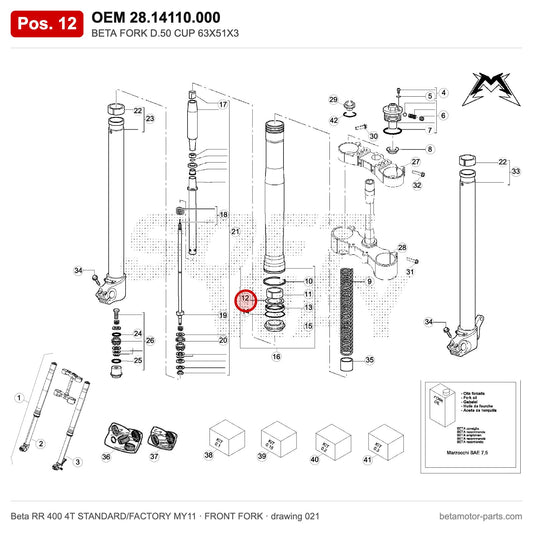 BETA FORK D.50 CUP 63X51X3 – OEM 28.14110.000, position 12 on the Beta RR 400 4T STANDARD/FACTORY MY11 front fork drawing