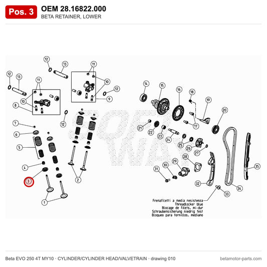 BETA RETAINER, LOWER – OEM 28.16822.000, position 3 on the Beta EVO 250 4T MY10 cylinder/cylinder head/valvetrain drawing