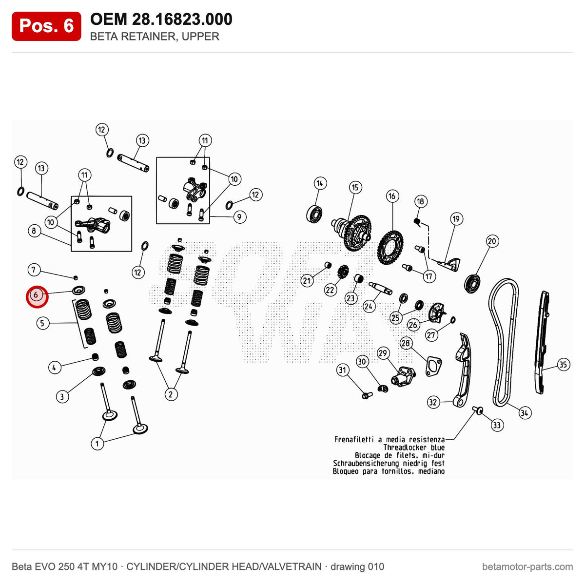 BETA RETAINER, UPPER – OEM 28.16823.000, position 6 on the Beta EVO 250 4T MY10 cylinder/cylinder head/valvetrain drawing