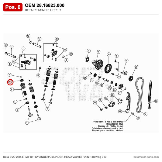 BETA RETAINER, UPPER – OEM 28.16823.000, position 6 on the Beta EVO 250 4T MY10 cylinder/cylinder head/valvetrain drawing