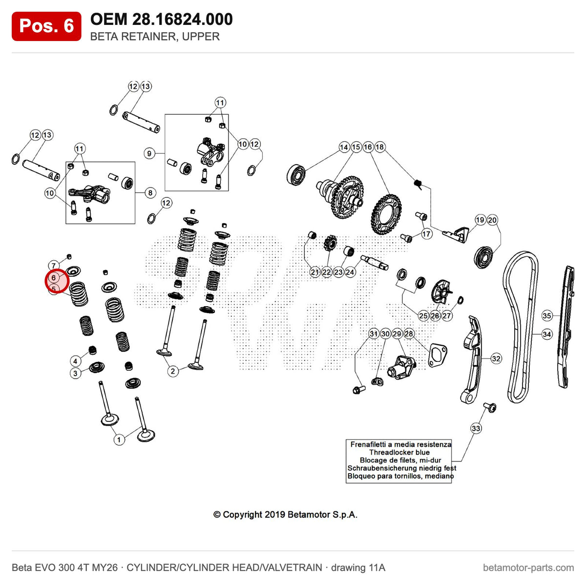 BETA RETAINER, UPPER – OEM 28.16824.000, position 6 on the Beta EVO 300 4T MY26 cylinder/cylinder head/valvetrain drawing