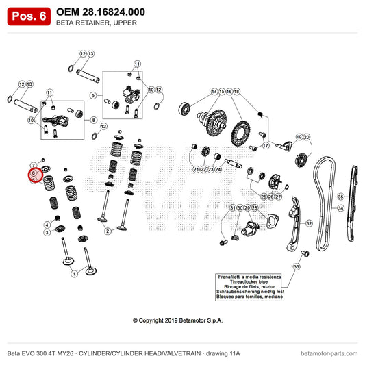 BETA RETAINER, UPPER – OEM 28.16824.000, position 6 on the Beta EVO 300 4T MY26 cylinder/cylinder head/valvetrain drawing