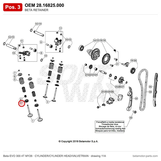 BETA RETAINER – OEM 28.16825.000, position 3 on the Beta EVO 300 4T MY26 cylinder/cylinder head/valvetrain drawing