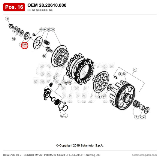BETA SEEGER 6E – OEM 28.22610.000, position 16 on the Beta EVO 80 2T SENIOR MY26 primary gear cpl./clutch drawing
