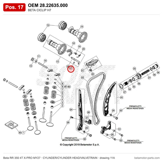 BETA CICLIP H7 – OEM 28.22635.000, position 17 on the Beta RR 350 4T X-PRO MY27 cylinder/cylinder head/valvetrain drawing