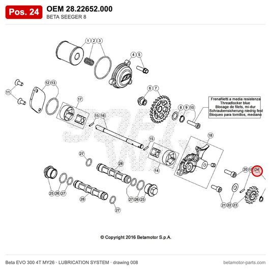 BETA SEEGER 8 – OEM 28.22652.000, position 24 on the Beta EVO 300 4T MY26 lubrication system drawing