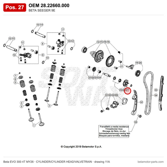 BETA SEEGER 9E – OEM 28.22660.000, position 27 on the Beta EVO 300 4T MY26 cylinder/cylinder head/valvetrain drawing