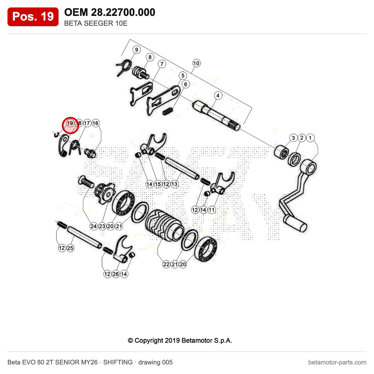 BETA SEEGER 10E – OEM 28.22700.000, position 19 on the Beta EVO 80 2T SENIOR MY26 shifting drawing