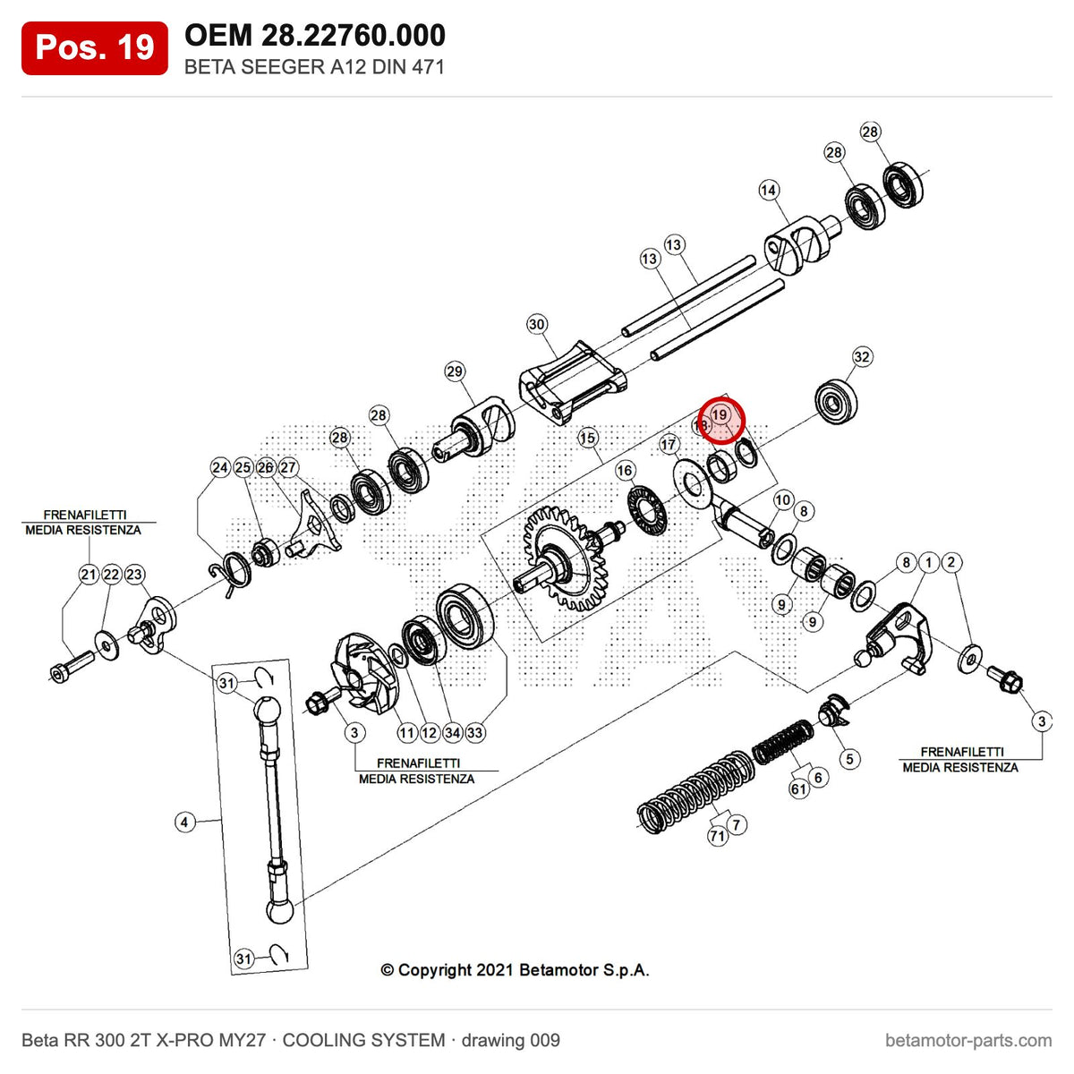BETA SEEGER A12 DIN 471 – OEM 28.22760.000, position 19 on the Beta RR 300 2T X-PRO MY27 cooling system drawing
