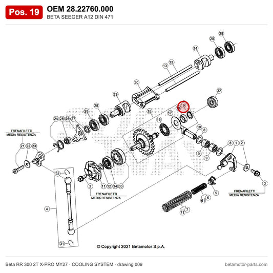 BETA SEEGER A12 DIN 471 – OEM 28.22760.000, position 19 on the Beta RR 300 2T X-PRO MY27 cooling system drawing
