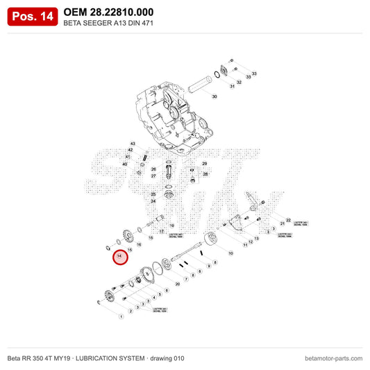 BETA SEEGER A13 DIN 471 – OEM 28.22810.000, position 14 on the Beta RR 350 4T MY19 lubrication system drawing