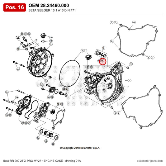 BETA SEEGER 16.1 A16 DIN 471 – OEM 28.24460.000, position 16 on the Beta RR 200 2T X-PRO MY27 engine case drawing
