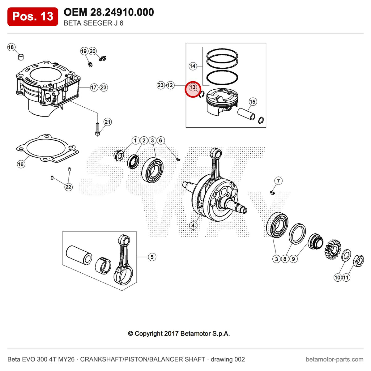 BETA SEEGER J 6 – OEM 28.24910.000, position 13 on the Beta EVO 300 4T MY26 crankshaft/piston/balancer shaft drawing
