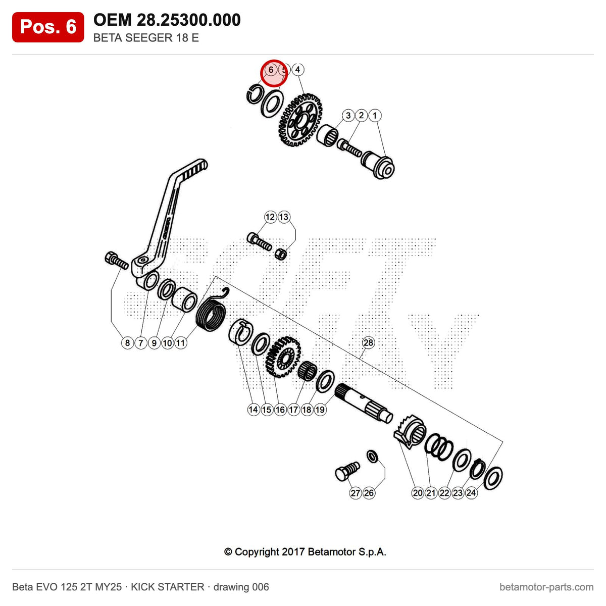 BETA SEEGER 18 E – OEM 28.25300.000, position 6 on the Beta EVO 125 2T MY25 kick starter drawing