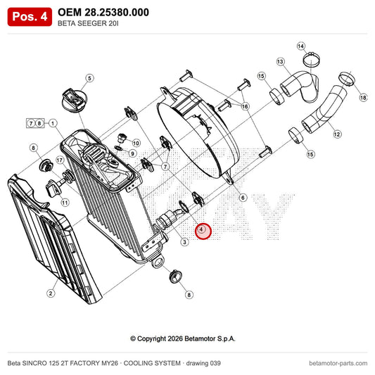 BETA SEEGER 20I – OEM 28.25380.000, position 4 on the Beta SINCRO 125 2T FACTORY MY26 cooling system drawing
