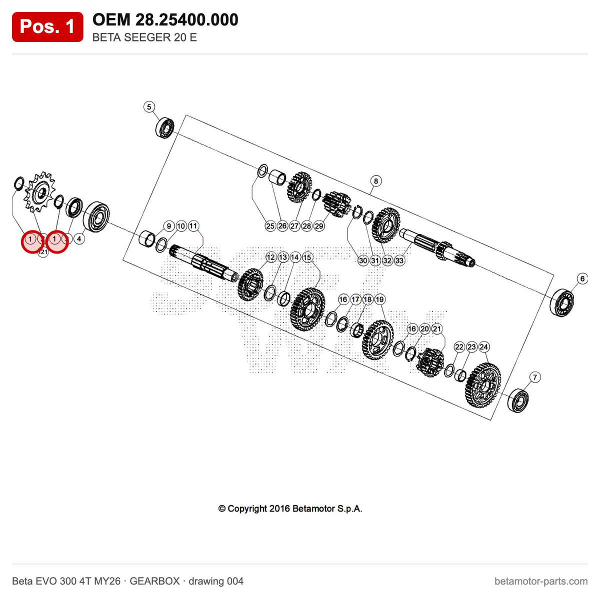 BETA SEEGER 20 E – OEM 28.25400.000, position 1 on the Beta EVO 300 4T MY26 gearbox drawing