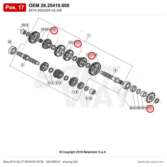 BETA SEEGER AS 20E – OEM 28.25410.000, position 17 on the Beta EVO 80 2T SENIOR MY26 gearbox drawing