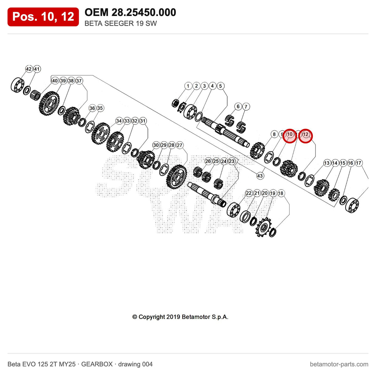 BETA SEEGER 19 SW – OEM 28.25450.000, positions 10,12 on the Beta EVO 125 2T MY25 gearbox drawing