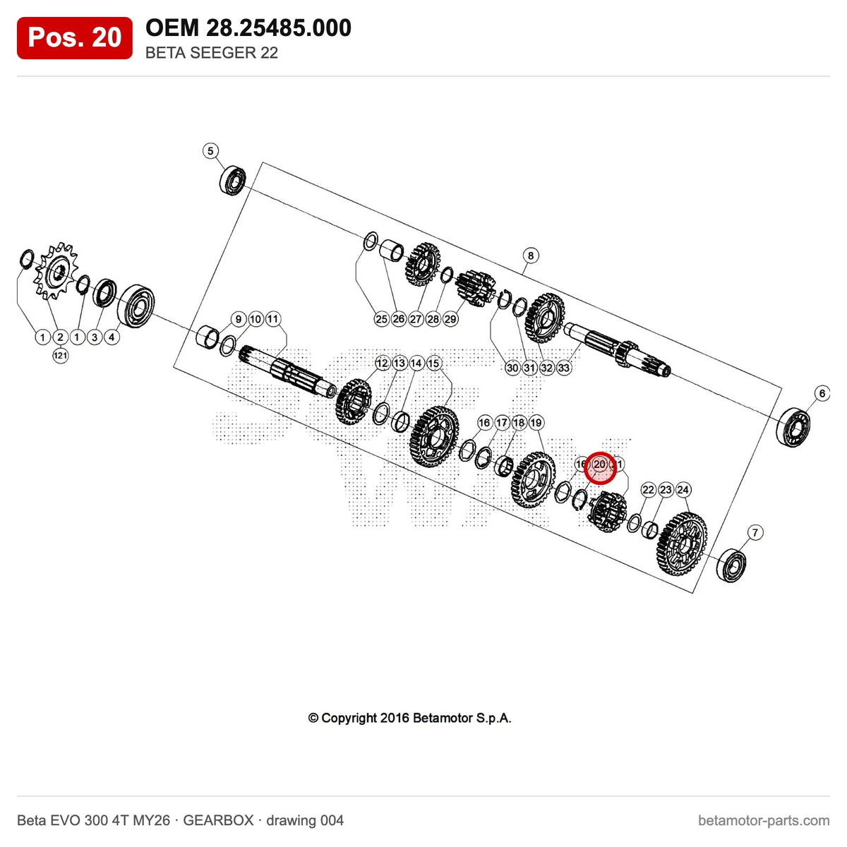 BETA SEEGER 22 – OEM 28.25485.000, position 20 on the Beta EVO 300 4T MY26 gearbox drawing