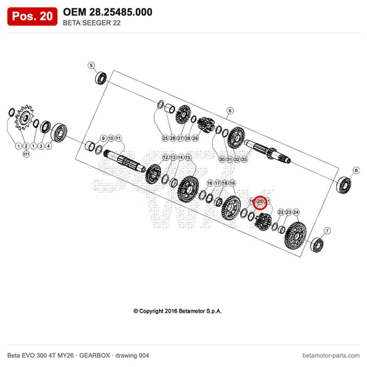 BETA SEEGER 22 – OEM 28.25485.000, position 20 on the Beta EVO 300 4T MY26 gearbox drawing