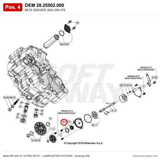 BETA SEEGER JS24 DIN 472 – OEM 28.25502.000, position 4 on the Beta RR 350 4T X-PRO MY27 lubrication system drawing