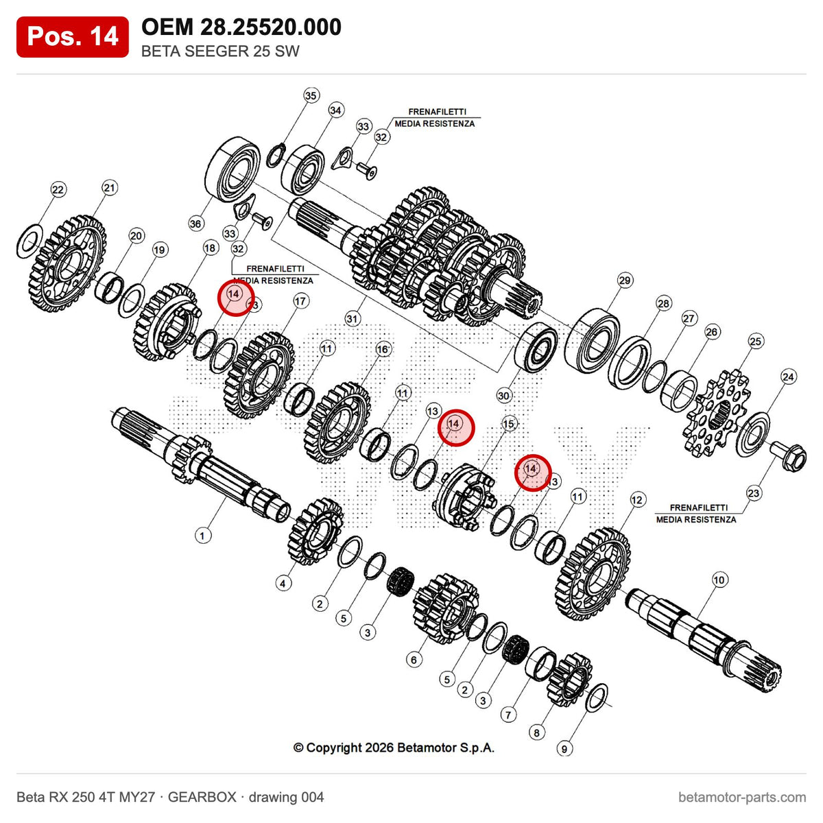 BETA SEEGER 25 SW – OEM 28.25520.000, position 14 on the Beta RX 250 4T MY27 gearbox drawing