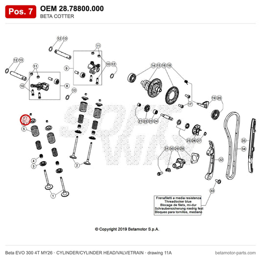BETA COTTER – OEM 28.78800.000, position 7 on the Beta EVO 300 4T MY26 cylinder/cylinder head/valvetrain drawing