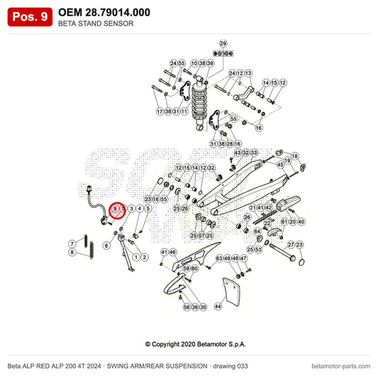 BETA STAND SENSOR – OEM 28.79014.000, position 9 on the Beta ALP RED ALP 200 4T 2024 swing arm/rear suspension drawing
