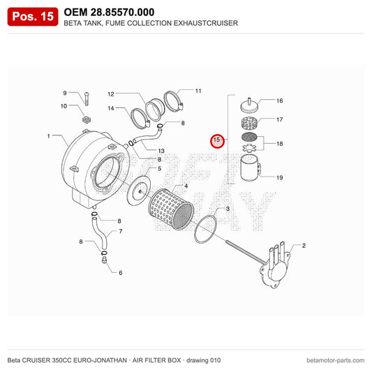 BETA TANK, FUME COLLECTION EXHAUSTCRUISER – OEM 28.85570.000, position 15 on the Beta CRUISER 350CC EURO-JONATHAN air filter box drawing