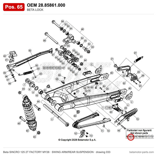 BETA LOCK – OEM 28.85861.000, position 65 on the Beta SINCRO 125 2T FACTORY MY26 swing arm/rear suspension drawing