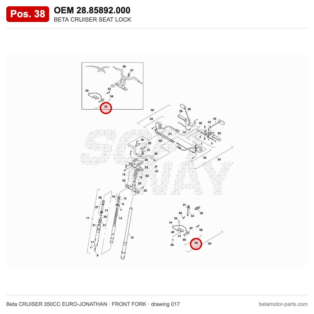 BETA CRUISER SEAT LOCK – OEM 28.85892.000, position 38 on the Beta CRUISER 350CC EURO-JONATHAN front fork drawing